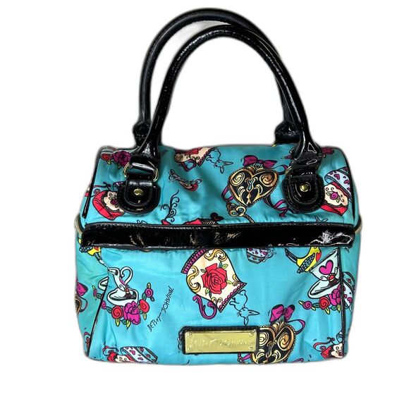 Betsey Johnson Turquoise Blue Multicolored Tea Time Print Insulated Satchel Bag - Picture 1 of 15